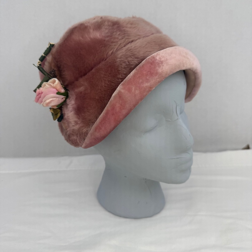 Vintage Jan Leslie Custom Design Rose Faux Fur Velvet Pillbox Hat Austria Selene